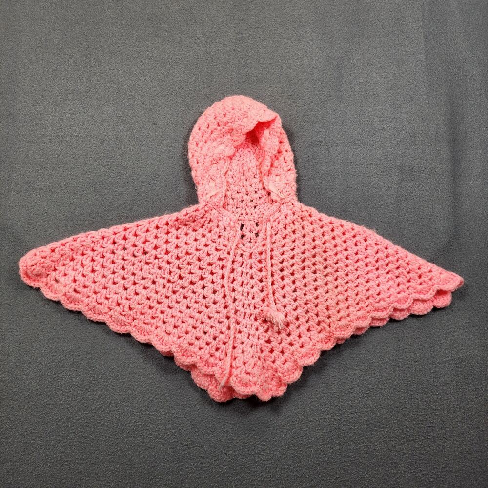 Vintage Handmade Baby 3-6 Months Hooded Poncho Pink Doll Clothing